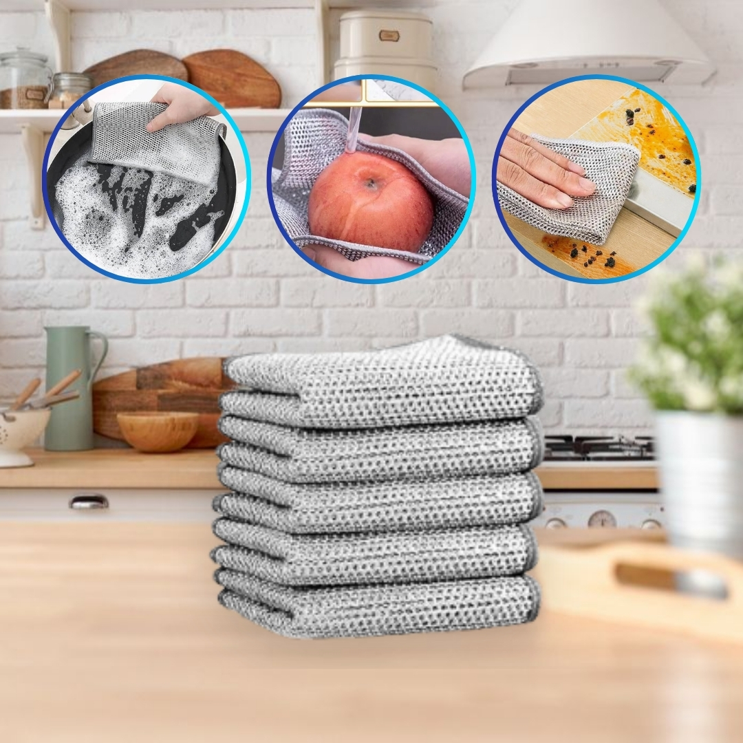 Magic Cleaning Combo (ডিশ ওয়াশিং ক্লথ ৫ পিস + ২ পিস গ্যাপ ব্রাস  + ১ টি কিচেন ক্লিনিং স্প্রে)